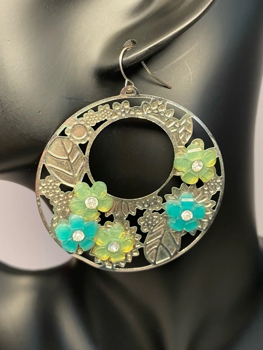 Boho Silver and Shades of Green Floral Circular Hoop Statement Earrings